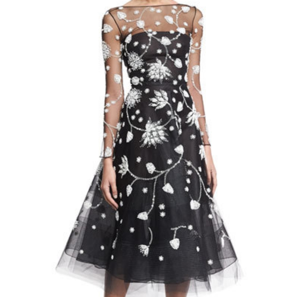$7,900 OSCAR DE LA RENTA EXCL FLORAL EMBROID BLACK TULLE SILK MIDI DRESS 6 M - Picture 2 of 16